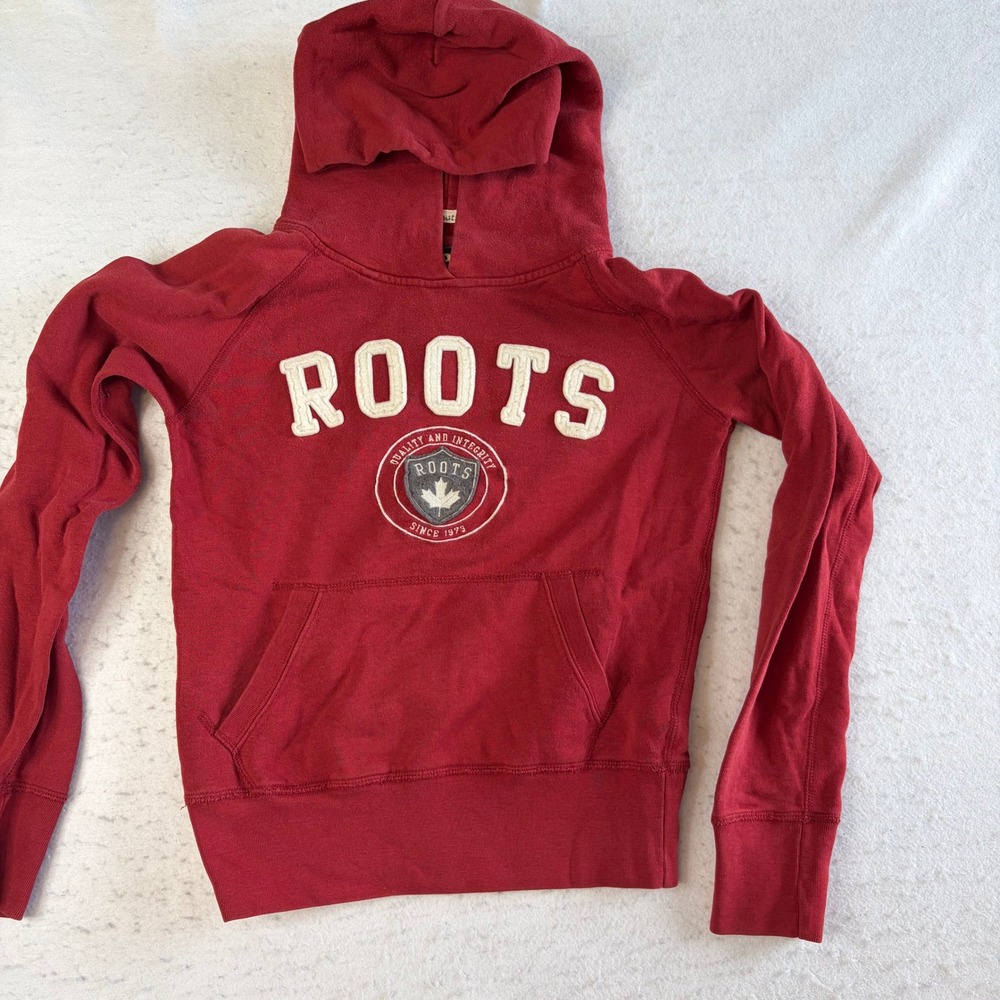 Roots Hoodie Womens XS Red Raglan Sleeve Logo Graphic Pullover